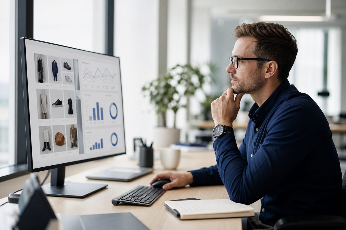 Consultant SEO analysant une grille de categories produits et des tableaux de bord