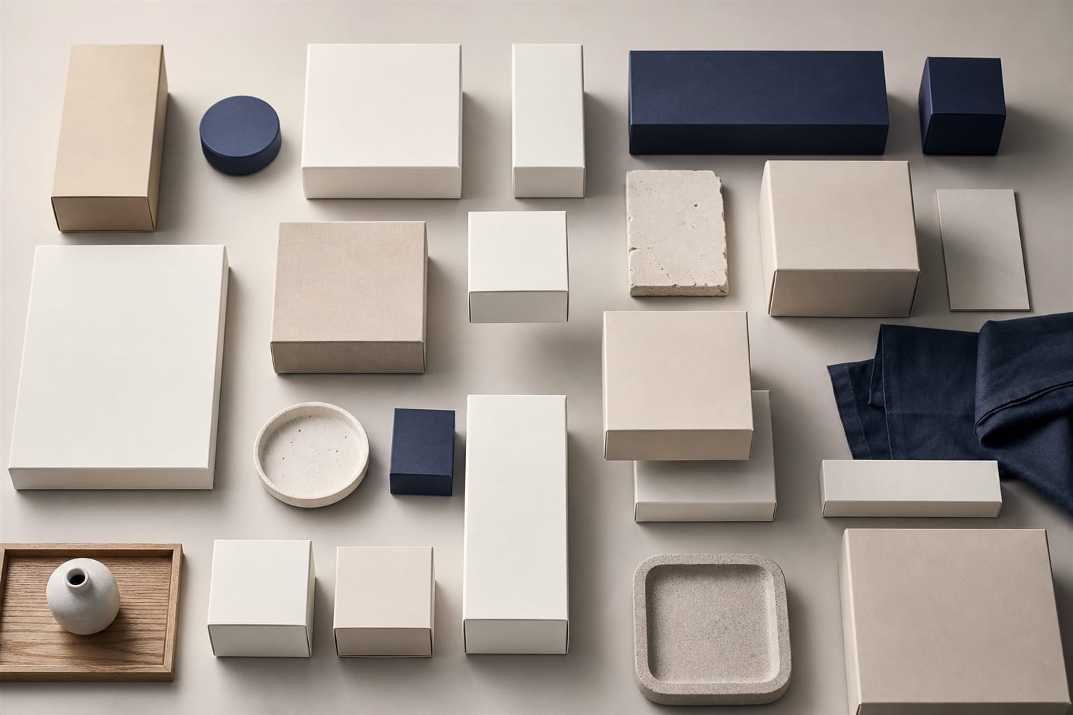 Un catalogue de produits range en une grille geometrique, chaque objet a sa place